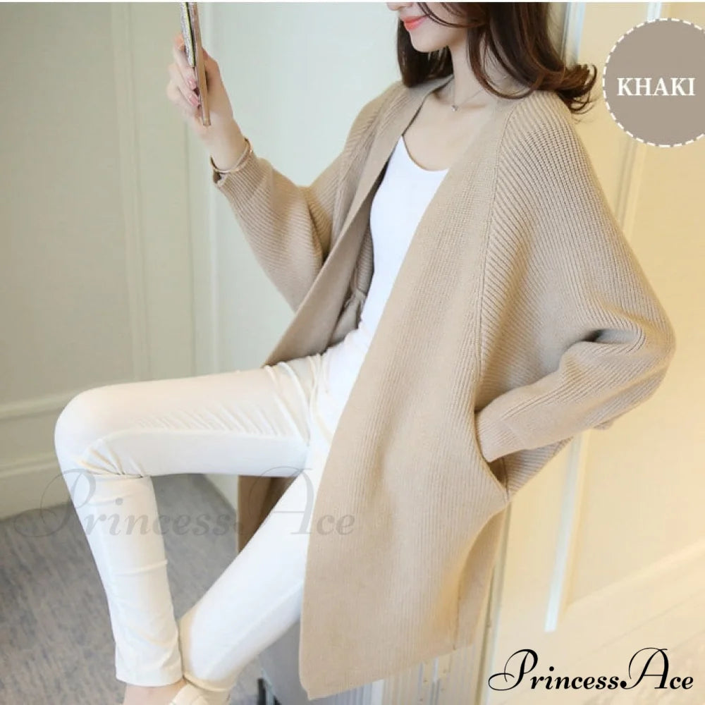 Bat Sleeve Knitted Plus Size Jacket Loose Ladies Sweaters Cardigans Khaki / One