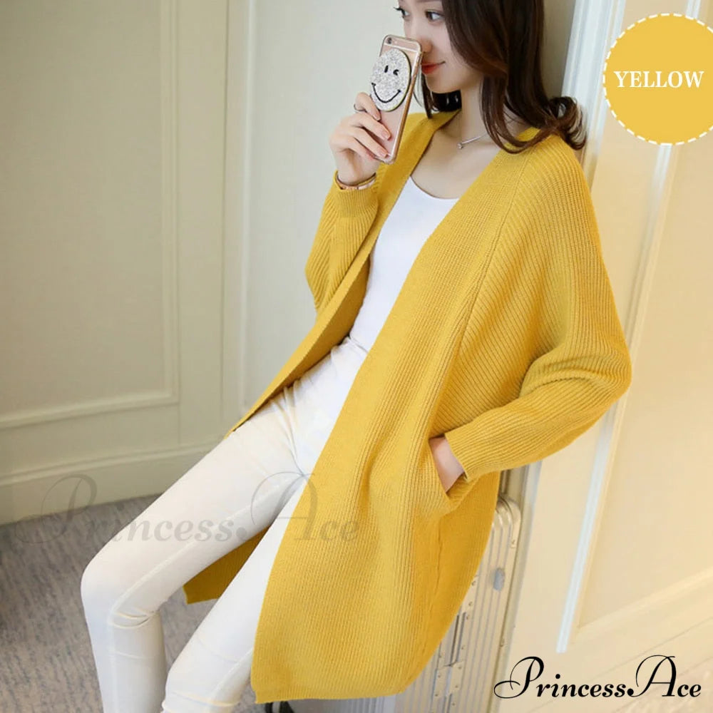 Bat Sleeve Knitted Plus Size Jacket Loose Ladies Sweaters Cardigans Yellow / One