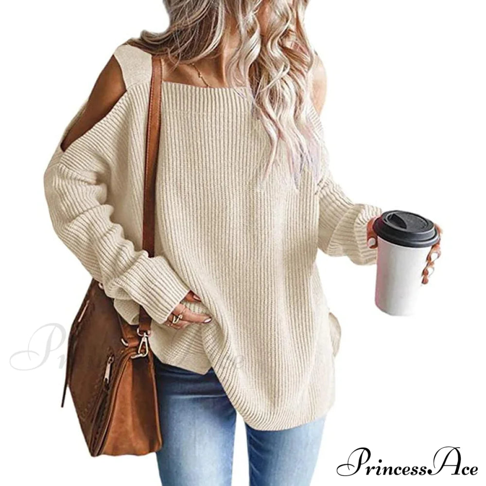 Women's Cold Shoulder Batwing Chunky Knitted Tunic Tops Beige __stock:100 clothes refund_fee:1200 tops