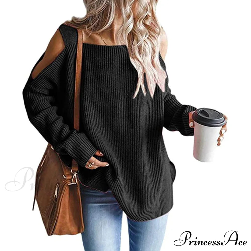 Women's Cold Shoulder Batwing Chunky Knitted Tunic Tops Black __stock:100 clothes refund_fee:1200 tops