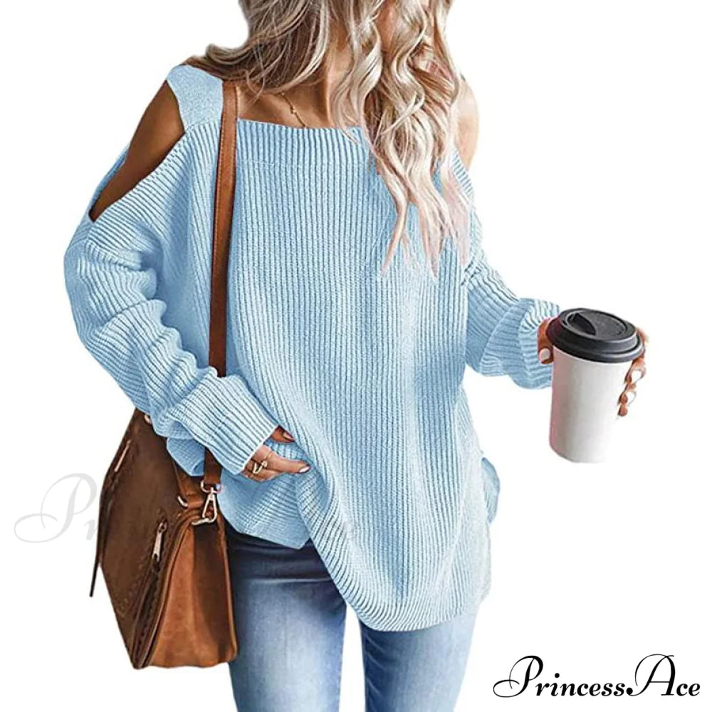 Women's Cold Shoulder Batwing Chunky Knitted Tunic Tops Blue __stock:100 clothes refund_fee:1200 tops