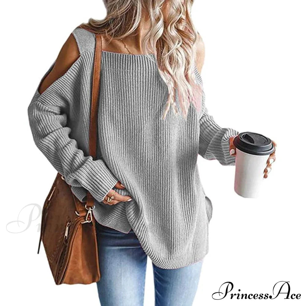 Women's Cold Shoulder Batwing Chunky Knitted Tunic Tops Gray __stock:100 clothes refund_fee:1200 tops