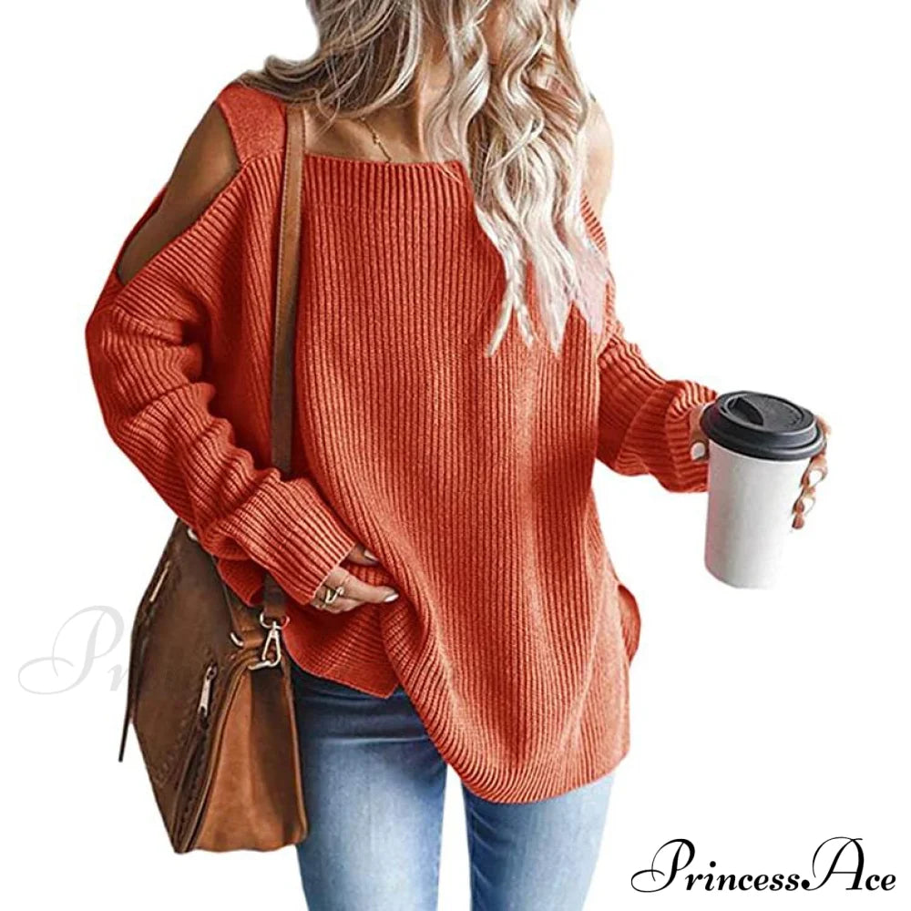 Women's Cold Shoulder Batwing Chunky Knitted Tunic Tops Orange __stock:100 clothes refund_fee:1200 tops