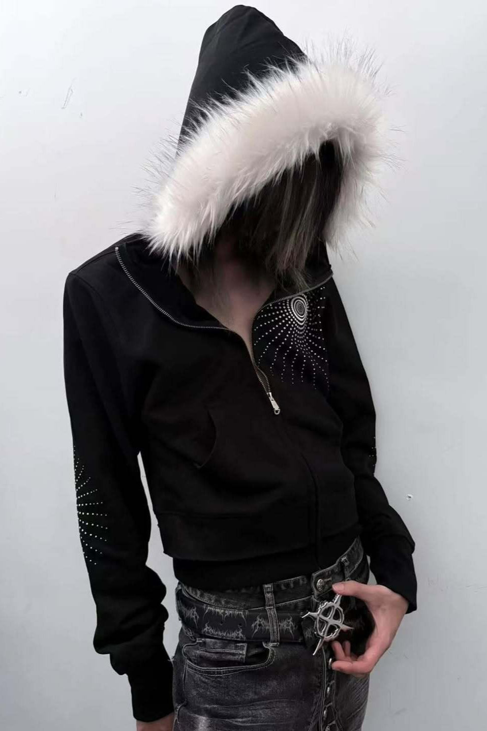 Big Fur Hood Print Zip-Up Hoodie