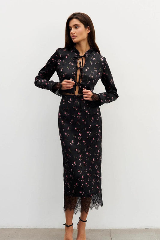 Chic Slim Floral Print Long Sleeve Skirt Set