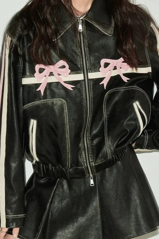 Bow Decor Faux Leather Moto Jacket