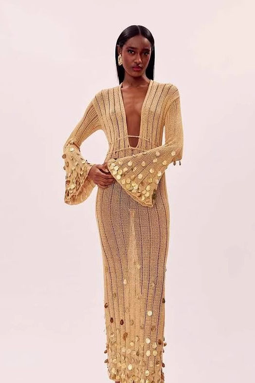 V Neck Belted Sequin Knit Maxi Dress