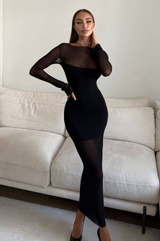 Long-Sleeve Patchwork Fitted Mesh Maxi Dress