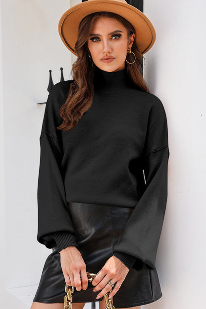 Shoulder Arm Turtleneck Knit Bubble Sweater Drop in Black