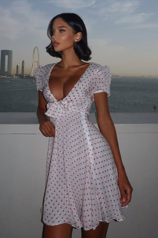Sexy Deep V Puff Sleeve High Waist Polka Dot Mini Dress