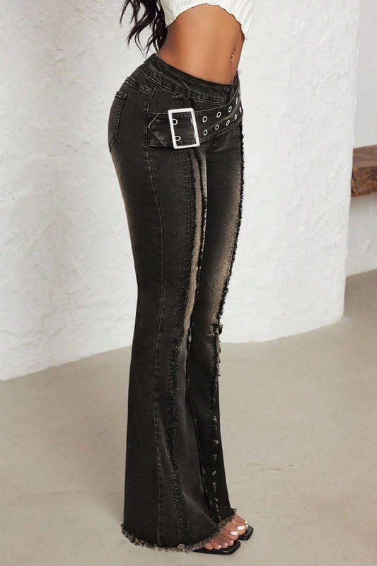 Studded Belt Low Rise Flare Jeans