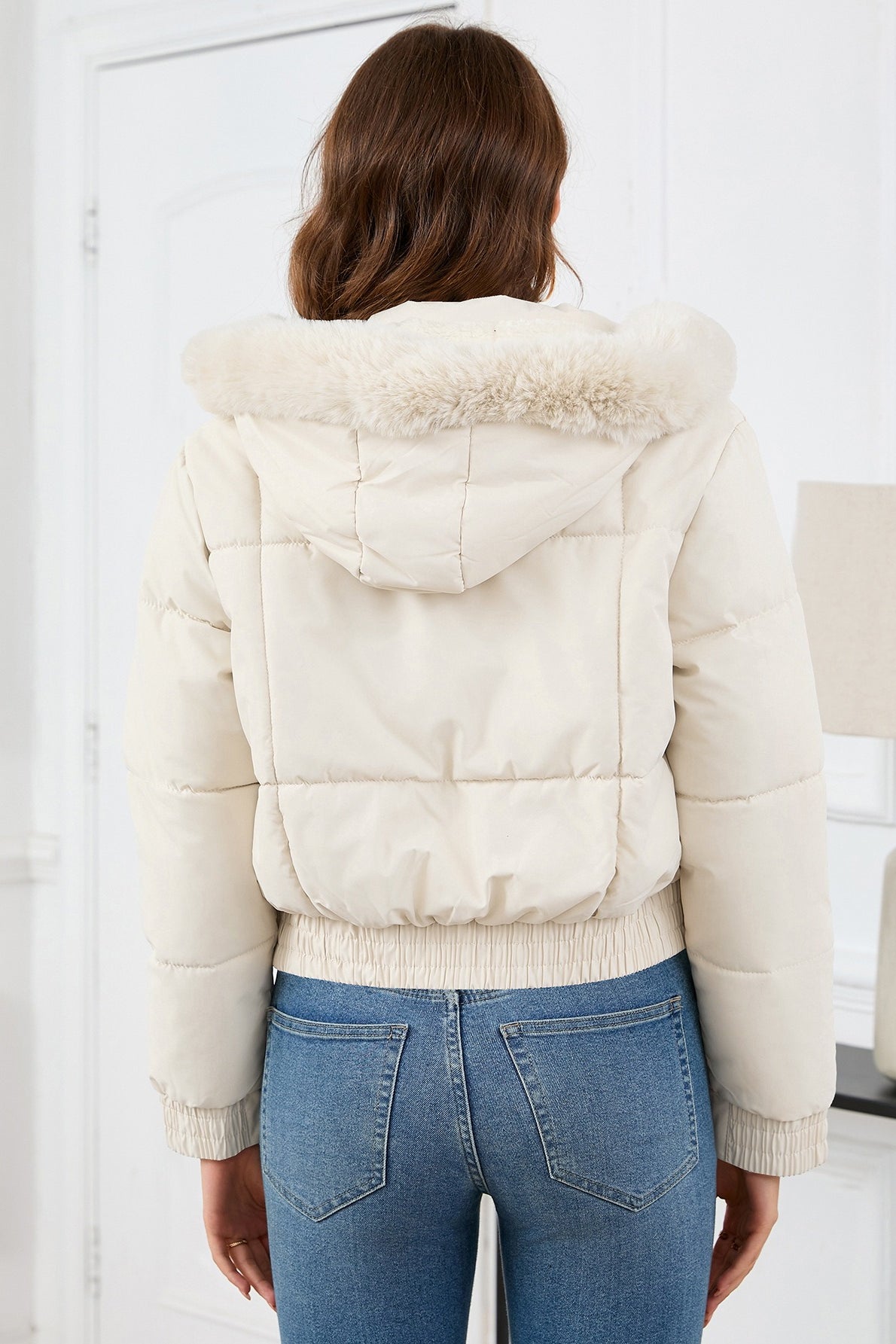 Short High Waist Faux Fur Hood Puffer Jacket