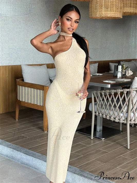 Beach Knitted Halter Bodycon Maxi Dress Apricot / S