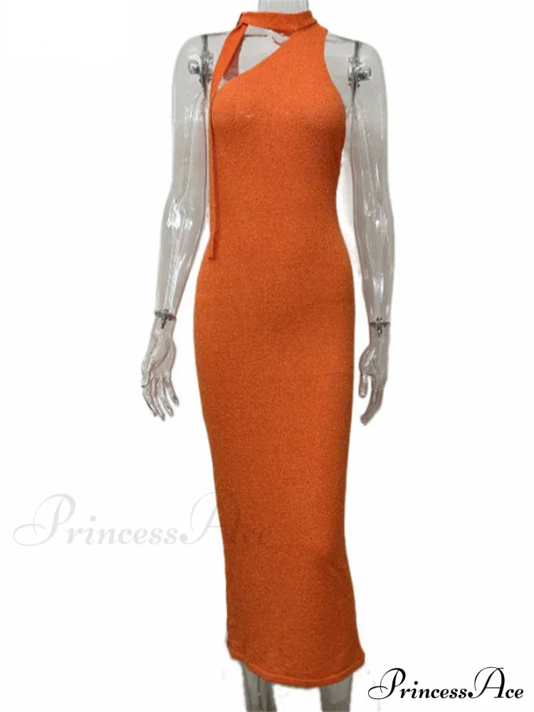 Beach Knitted Halter Bodycon Maxi Dress Orange Red / S