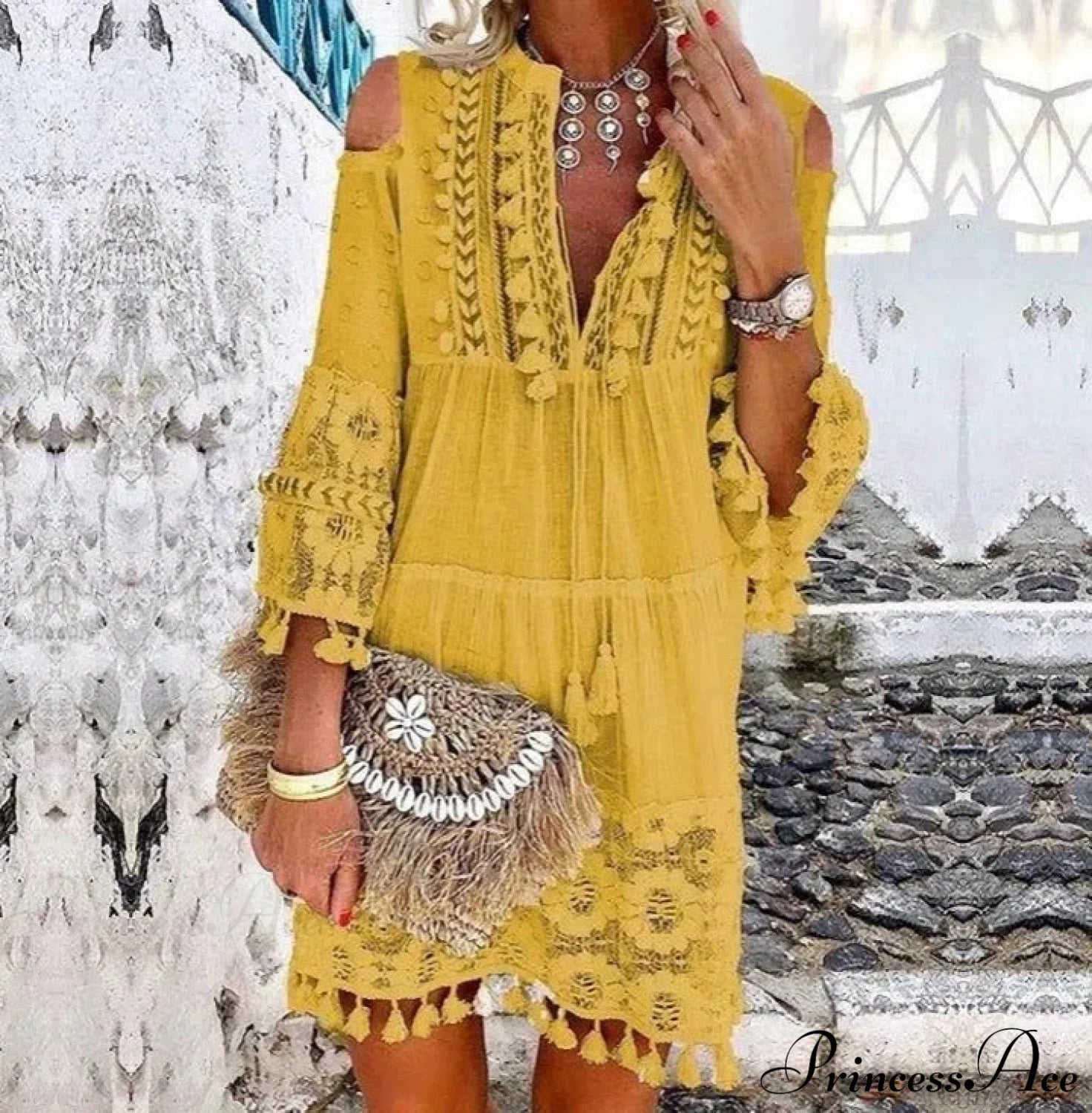 Beach Mini Dress With 3/4 Sleeves S / Blue Lace Boho Dress