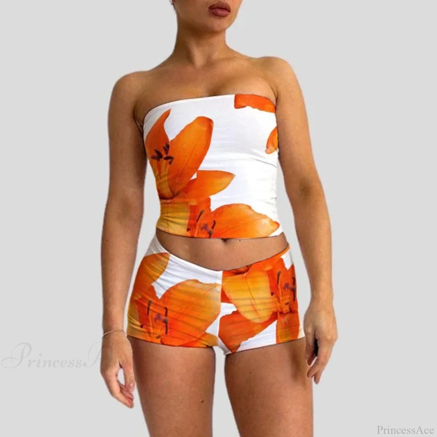 Beach Vacation Lounge Oufits 2 Pice Set Flower Print Strapless Crop Tube Tops Bandeau + Skinny Mini Skirt Wrap Bodycon