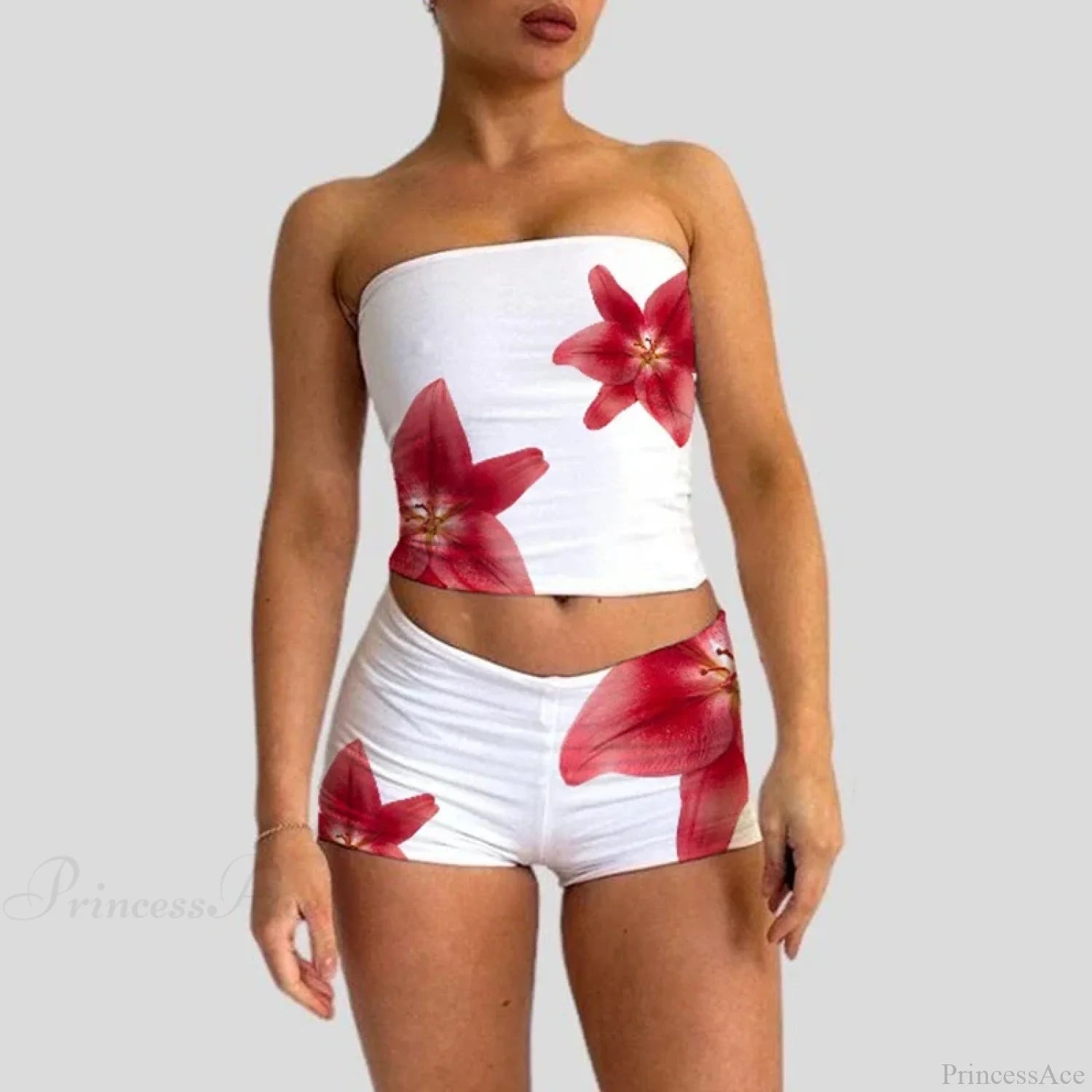 Beach Vacation Lounge Oufits 2 Pice Set Flower Print Strapless Crop T ...