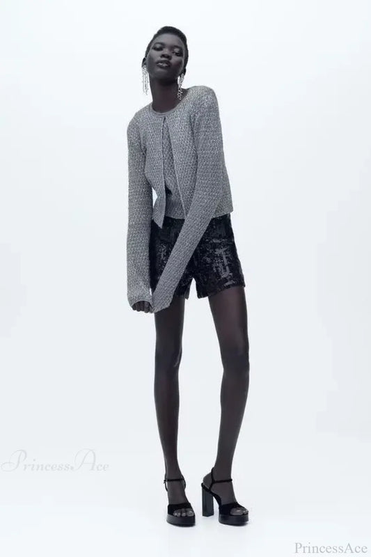 Bead Decoration Metal Thread Knitted Cardigan