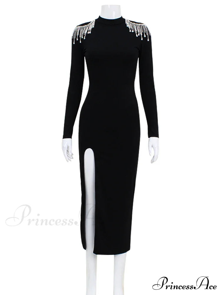 Beading Split Sexy Club Women Dresses Half High Neck Long Sleeve Christmas Party Dress Dresses-L