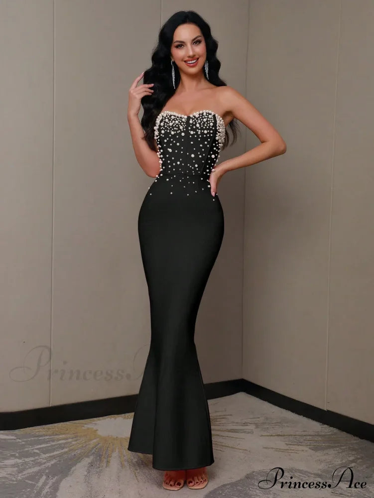 Beading Strapless Ankle-Length Party Dress Black / Xs Partydress-241208