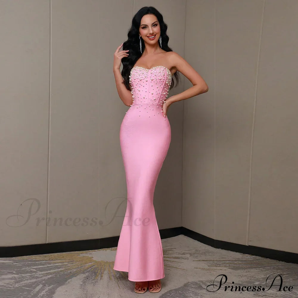 Beading Strapless Ankle-Length Party Dress Pink / Xs Partydress-241208