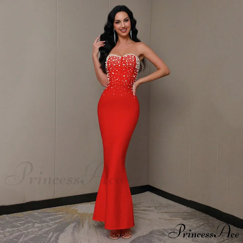 Beading Strapless Ankle-Length Party Dress Red / Xs Partydress-241208