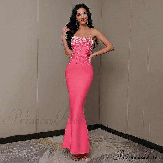 Beading Strapless Ankle-Length Party Dress Rose Pink / Xs Partydress-241208