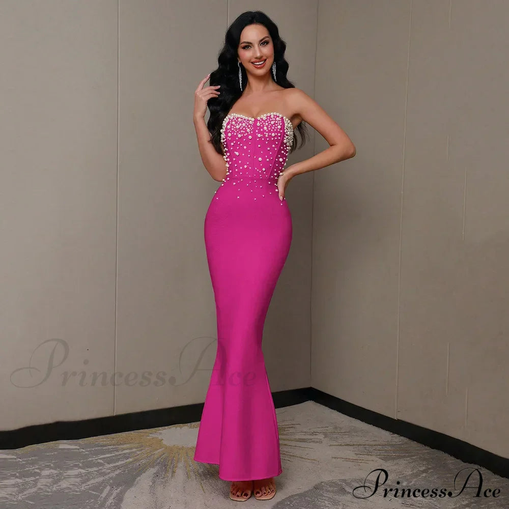 Beading Strapless Ankle-Length Party Dress Rose Red / Xs Partydress-241208