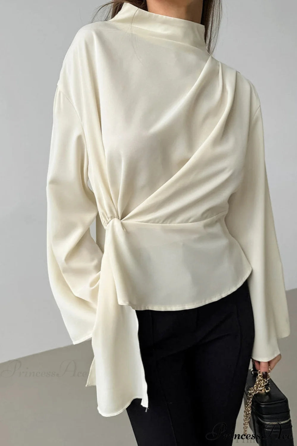 Beige Chiffon Tie Waist Flared Sleeve Blouse