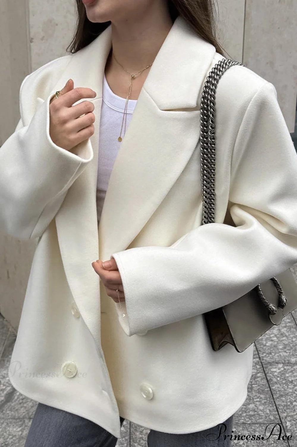 Beige Wool Blend Collared Mid Length Coat