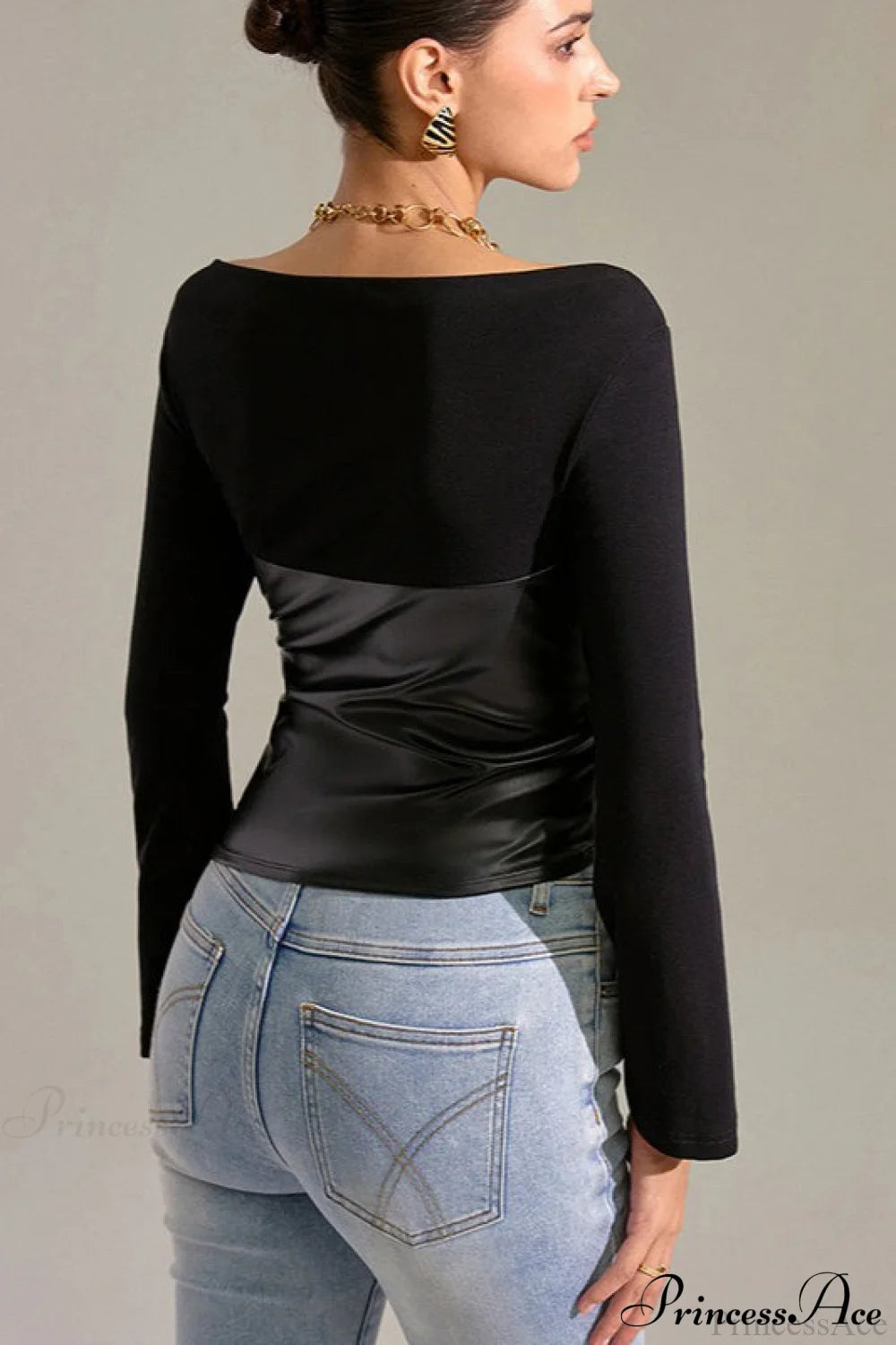 Bell-Sleeve Faux Leather Trim Solid Knit Top