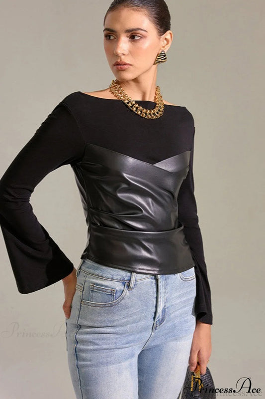 Bell-Sleeve Faux Leather Trim Solid Knit Top