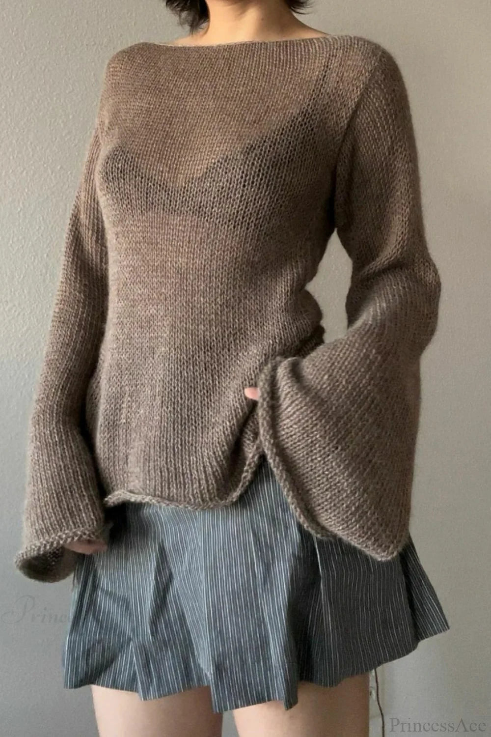 Bell Sleeve Tie Back Knit Sweater Brown / S