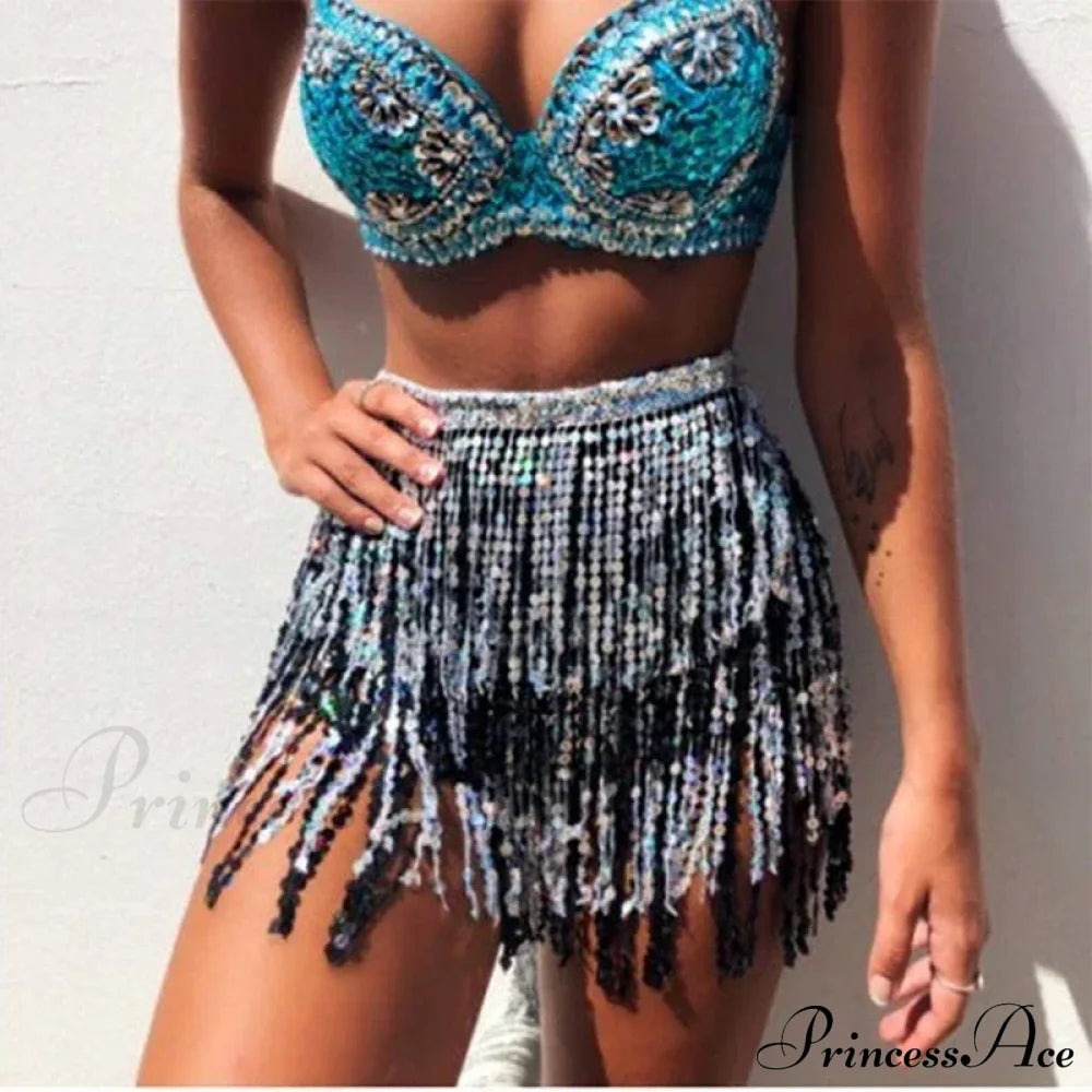 Belly Dance Glitter Sequins Wrap Tassel Skirt Black / One Size