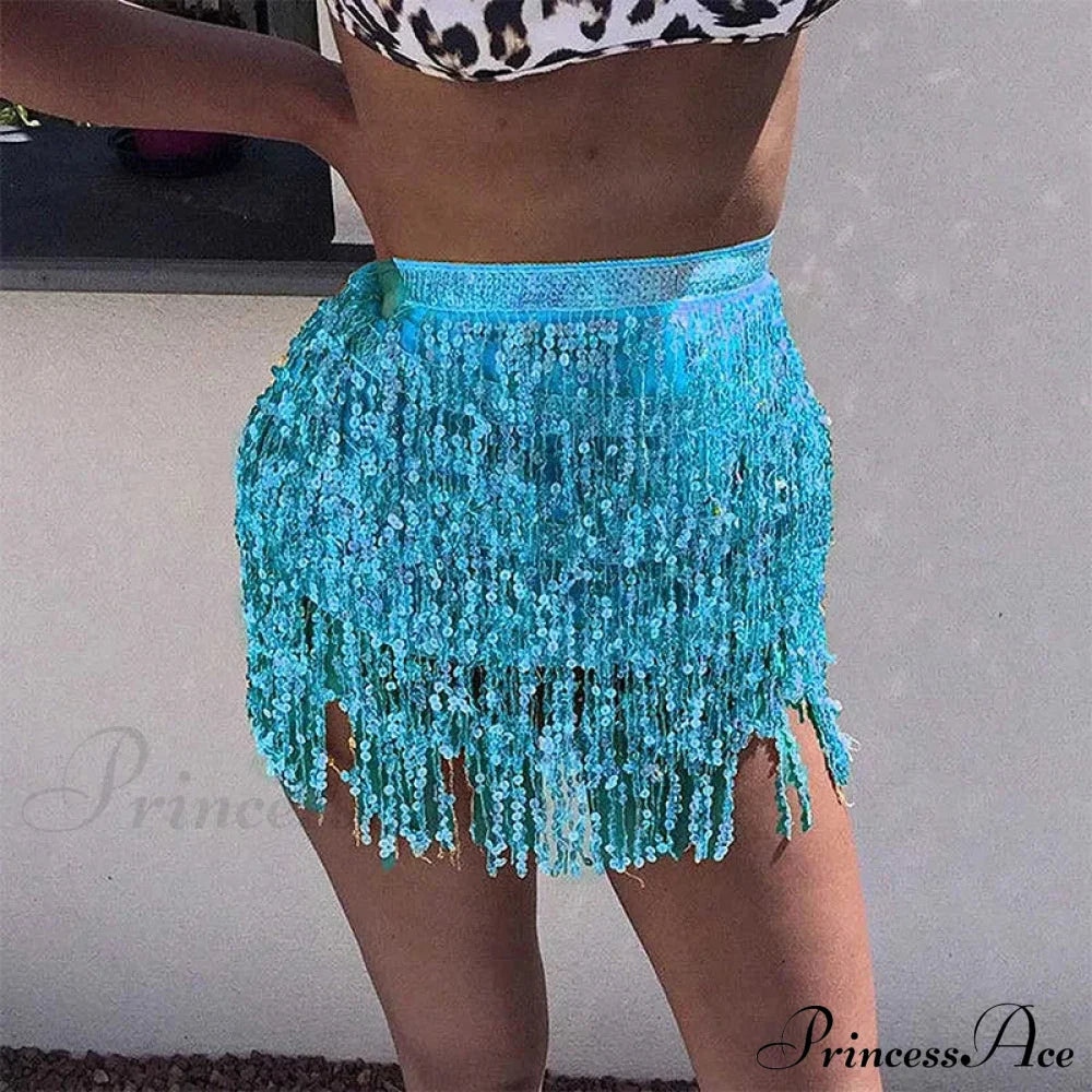 Belly Dance Glitter Sequins Wrap Tassel Skirt Blue / One Size