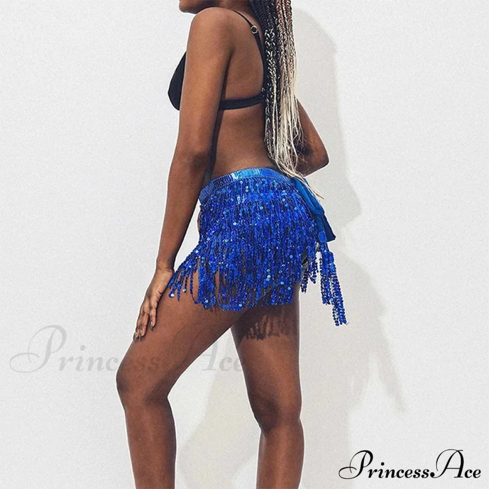 Belly Dance Glitter Sequins Wrap Tassel Skirt Deep Blue / One Size