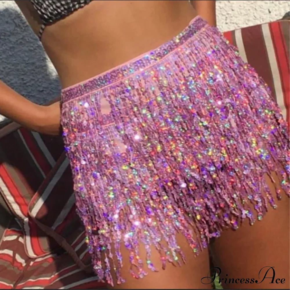 Belly Dance Glitter Sequins Wrap Tassel Skirt Pink / One Size