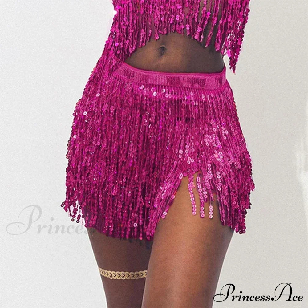 Belly Dance Glitter Sequins Wrap Tassel Skirt Rose Red / One Size