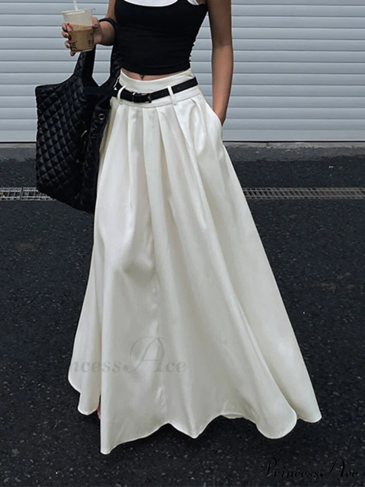 Belted Pleated Graceful Long Skirt White / Xs Skirts