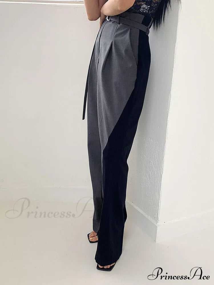 Belted Two Tone Trendy Wide Leg Pants