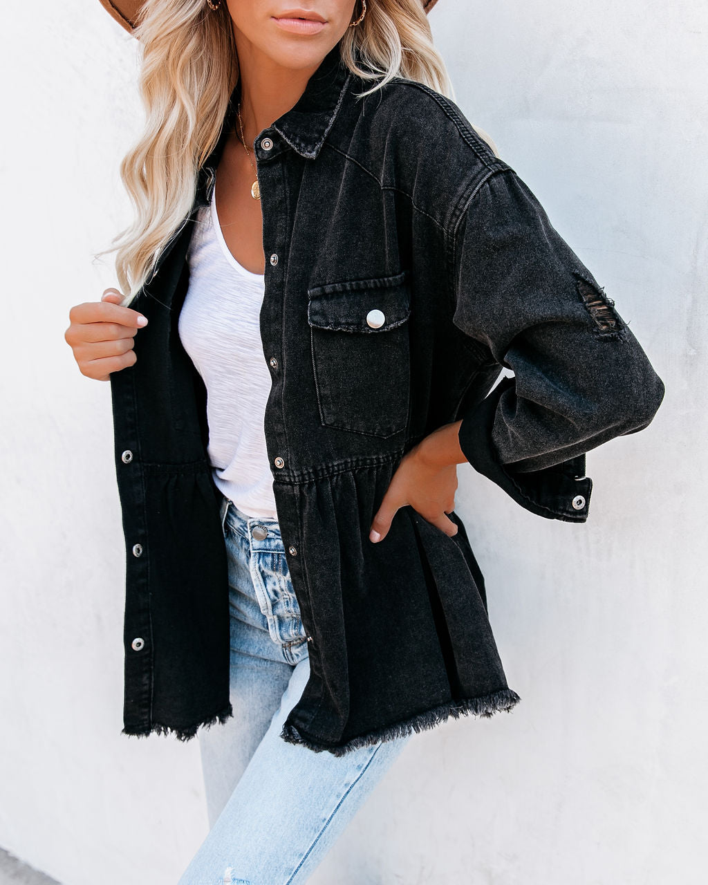 Distressed Denim Button Down Shirt Jacket