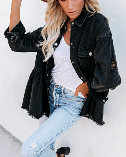 Distressed Denim Button Down Shirt Jacket