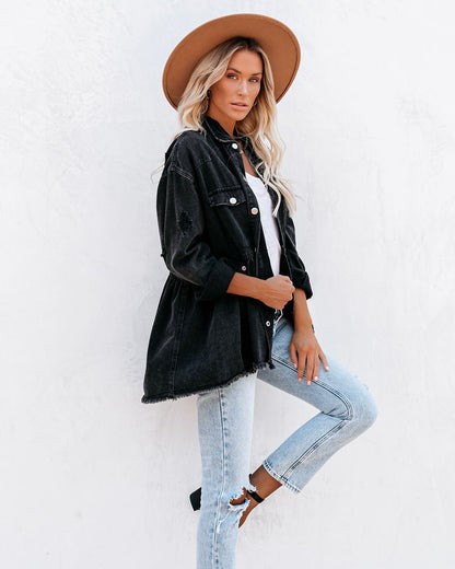 Distressed Denim Button Down Shirt Jacket