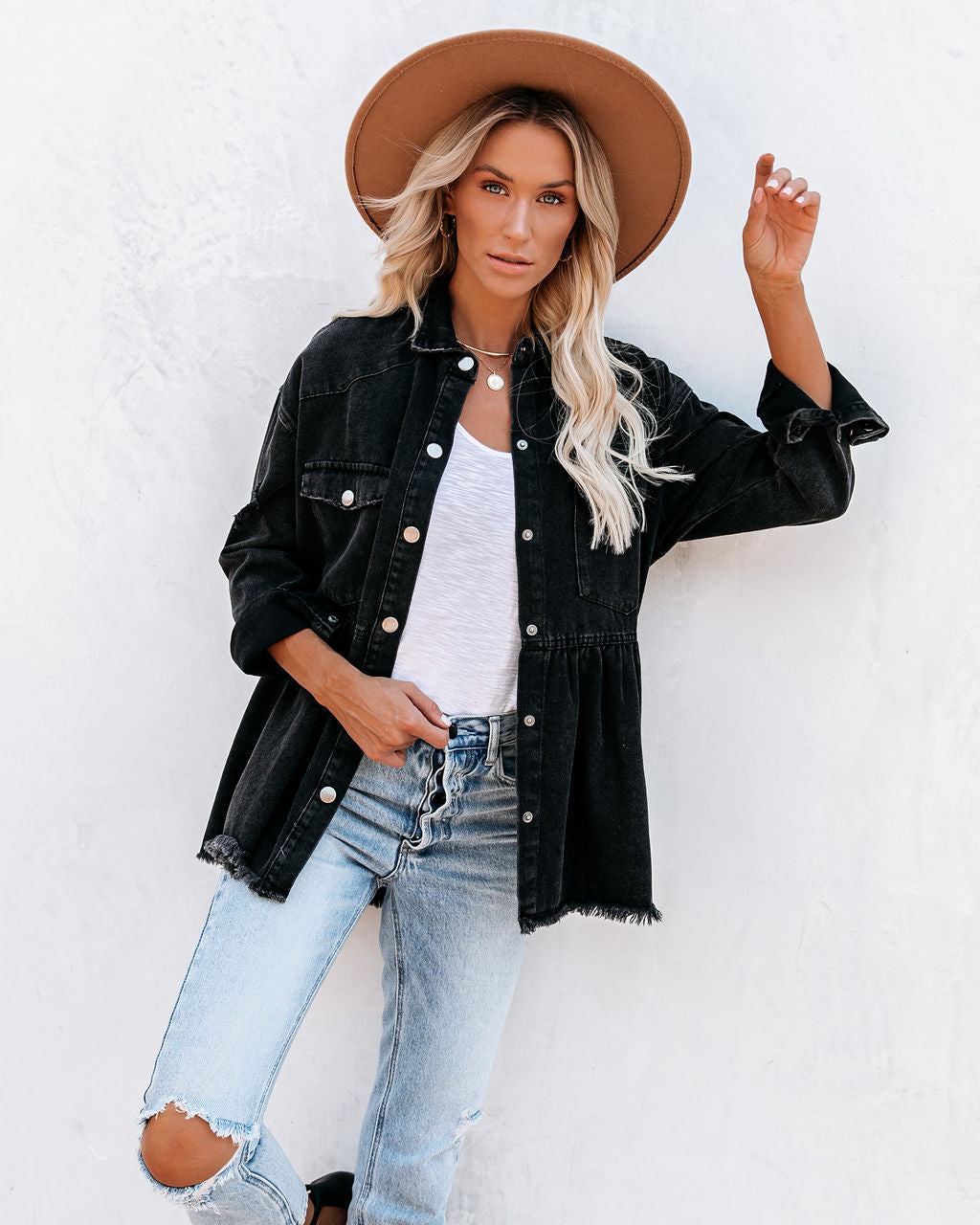 Distressed Denim Button Down Shirt Jacket