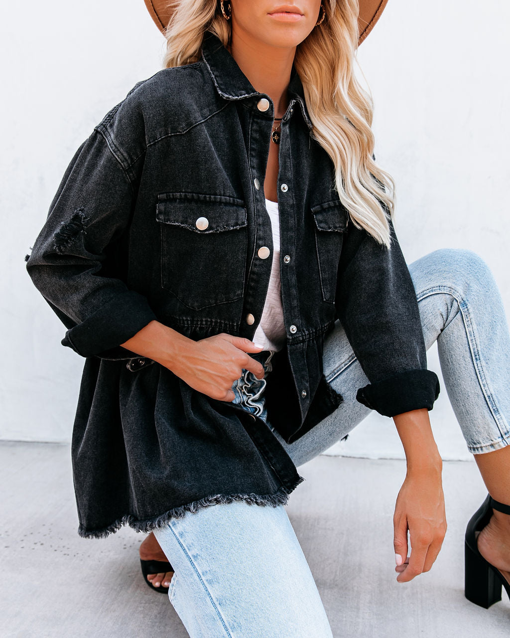 Distressed Denim Button Down Shirt Jacket