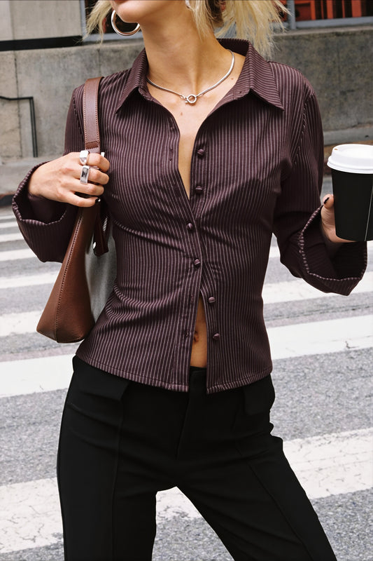 Pinstripe Button Front Fitted Blouse
