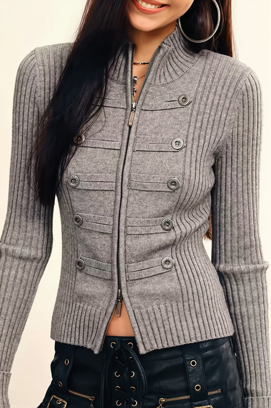 Military Button Zip Front Cardigan