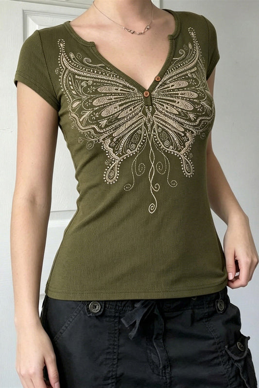 Butterfly Graphic Button Fitted T-Shirt