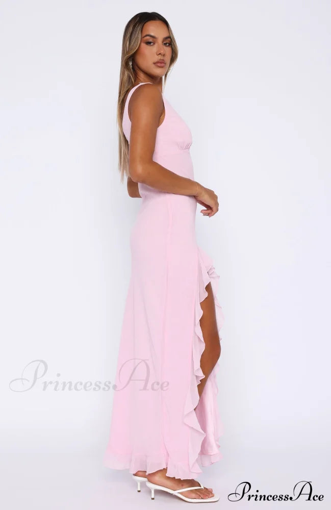 Bianca Slit Stylish Maxi Ruffled Dress Pink / L