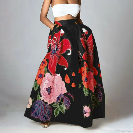 Big Flower Printed A-Line High Waist Long Maxi Skirt skirt-250126
